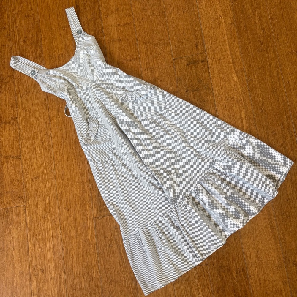 JACQUES HEIM BOUTIQUE PARIS BLUE & WHITE DRESS POCKET BUTTON BOW PINSTRIPE 38